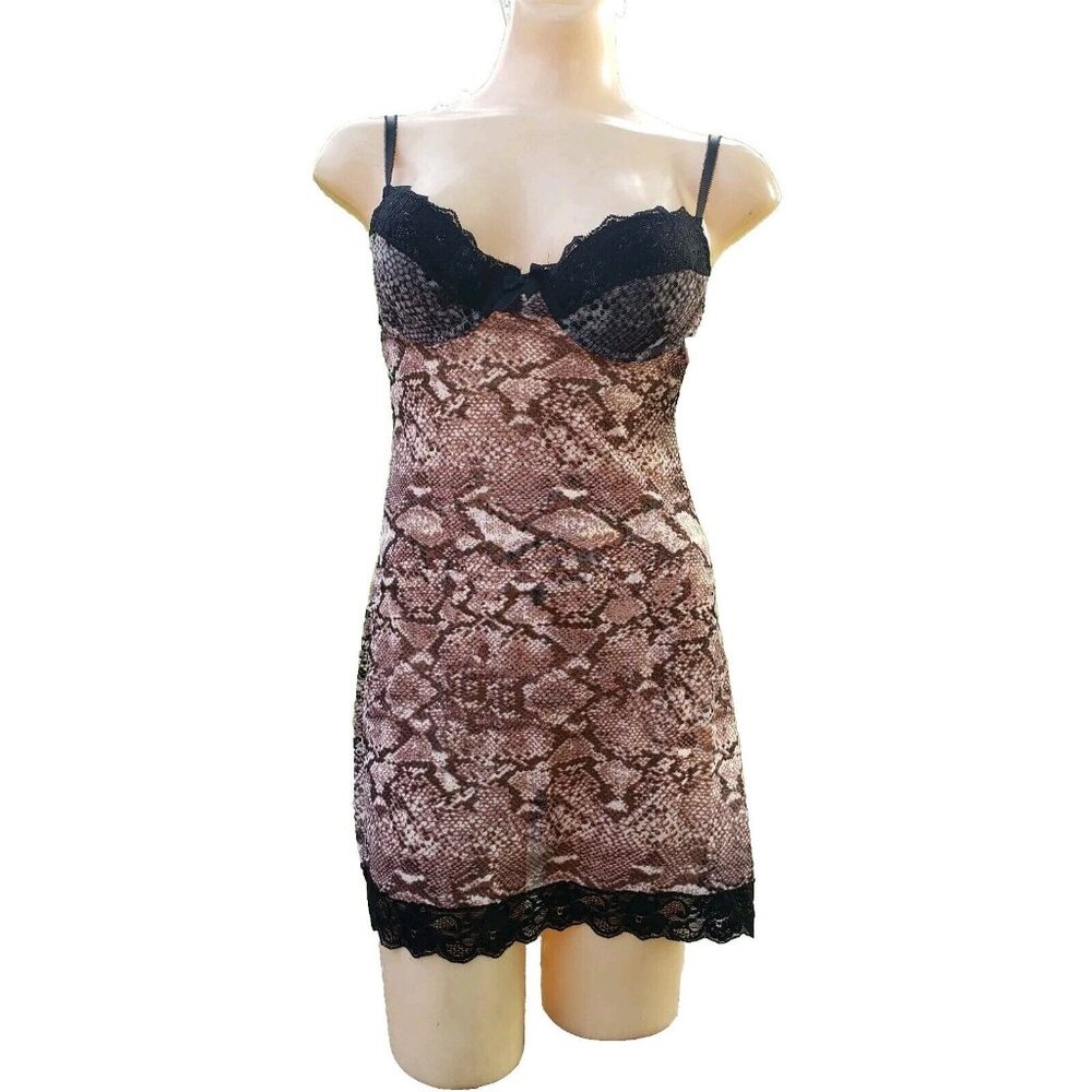NWT Kensie 2 Pcs Baby Doll Lingerie Black Faux Snakeskin w/thong S